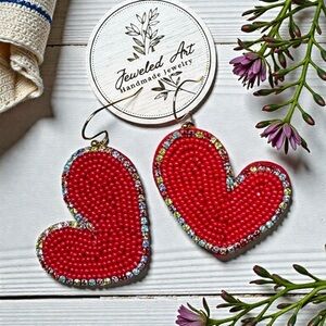 Jeweled Art Hand-Crafted Beaded Red Heart and Rhinestone Earrings - Valentine's